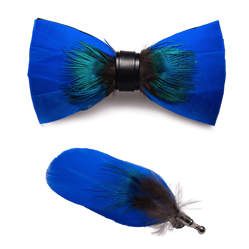 Papillon con piume di pavone blu Oxford con spilla da bavero - image 3
