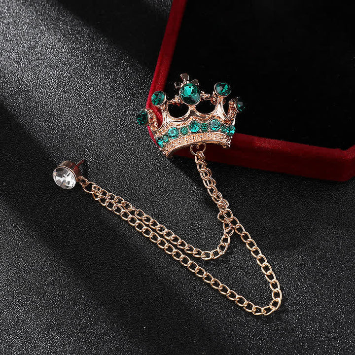 Spilla da uomo con catena a corona retrò e strass - Oro e verde - image 13