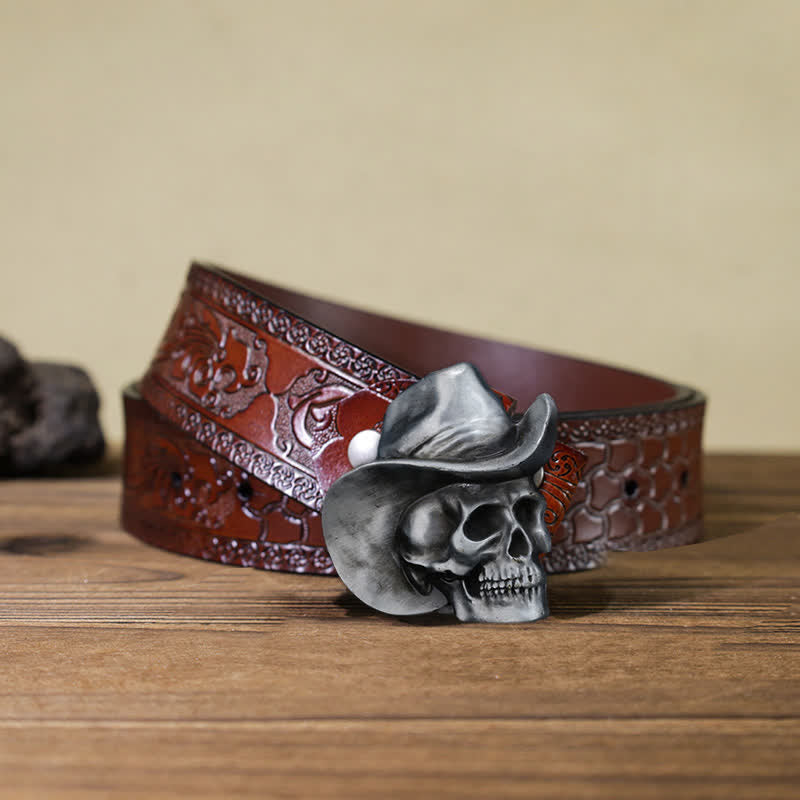 Cintura in pelle con fibbia per cappello e testa di teschio creativa fai da te da uomo - Testa del cranio - Cintura marrone intagliata (40) - image 11