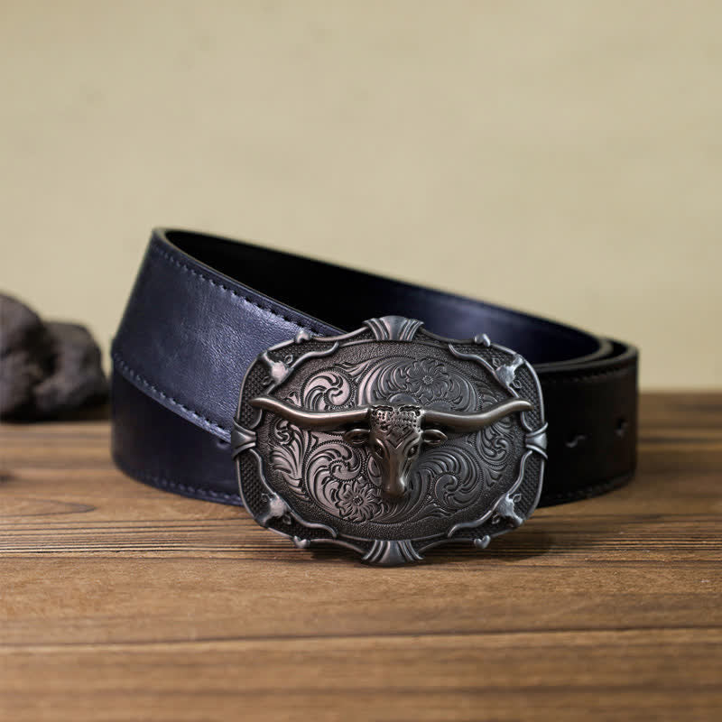 Cintura in pelle con fibbia quadrata a forma di toro Longhorn in argento fai da te da uomo - Toro - Cintura PU nera (40) - image 2