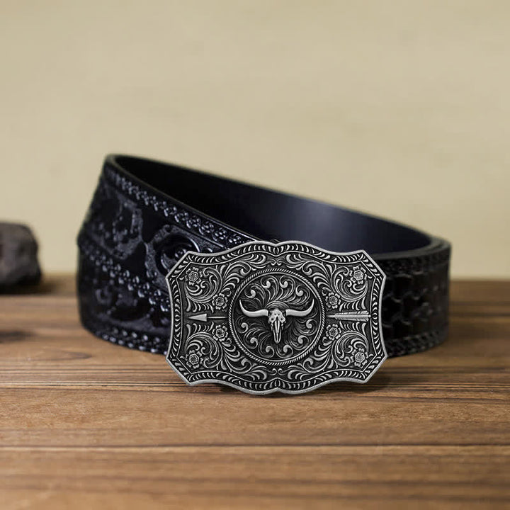 Cintura in pelle fai da te con fibbia a forma di freccia di toro a forma di corno lungo da uomo - Argento antico - Cintura nera intagliata (40) - image 15