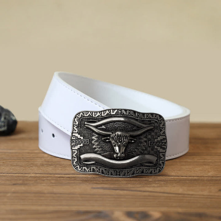 Cintura in pelle fai da te da uomo con fibbia a forma di toro Longhorn quadrato in argento - Testa di toro - Cintura PU bianca (40) - image 6