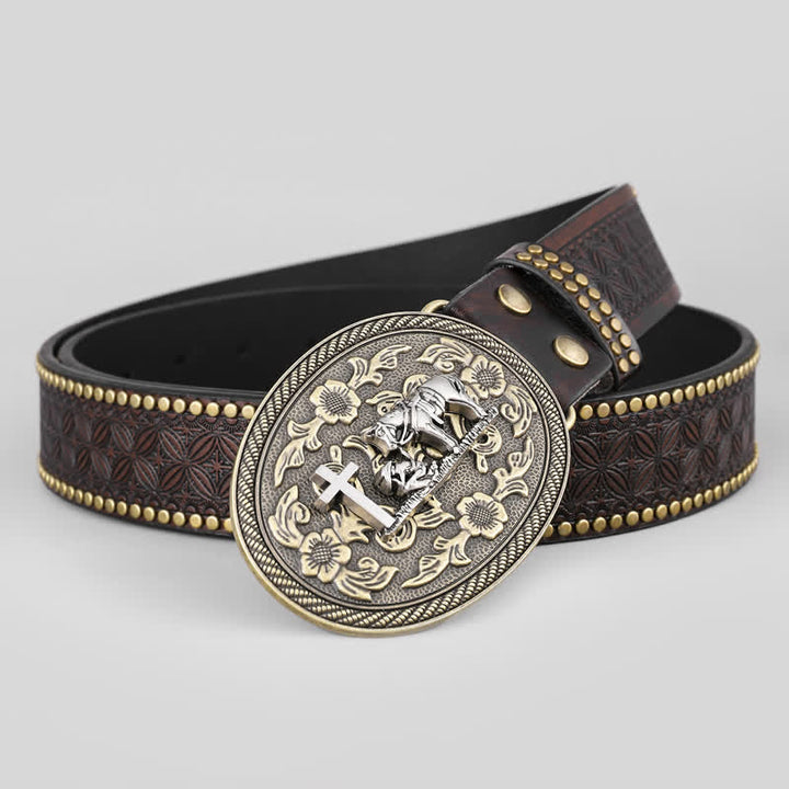 Cintura in pelle con fibbia ovale con decorazione a forma di cavallo incrociato da uomo - Croce e cavallo - 42 - image 0