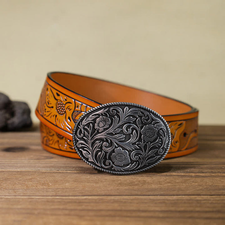 Cintura in pelle con fibbia ovale floreale classica fai da te da uomo - Argento antico - Cintura intagliata arancione (40) - image 16
