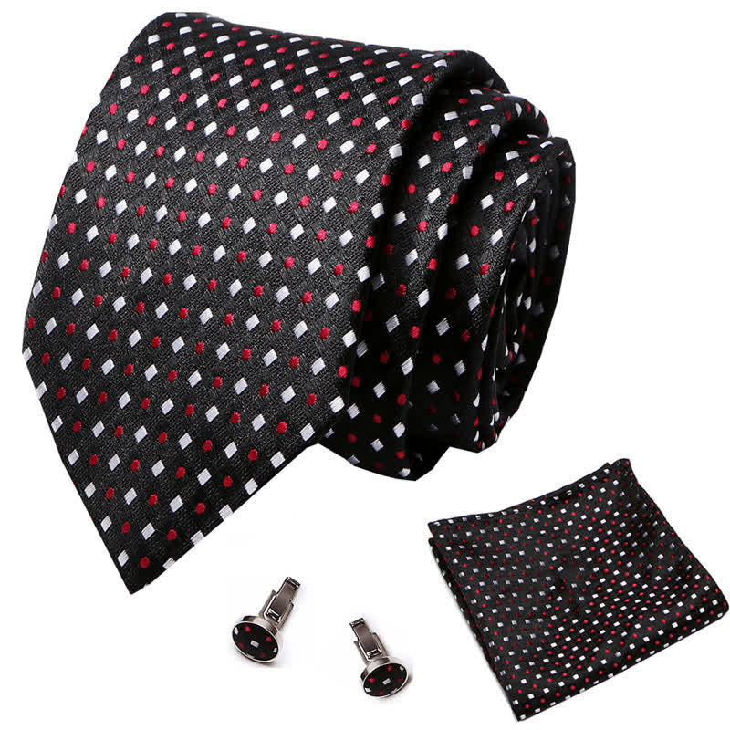 Set di 3 cravatte nere con pois rossi e quadrati bianchi da uomo - image 1