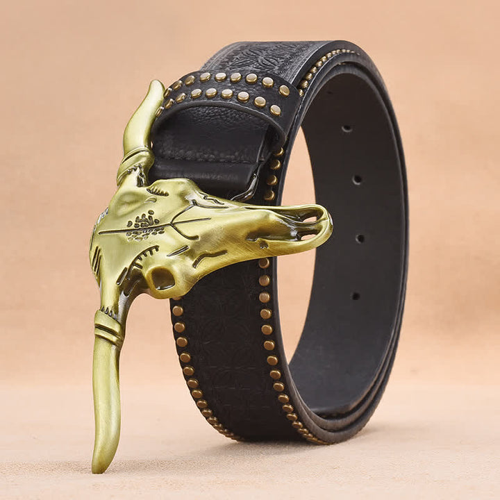 Cintura da uomo in pelle goffrata con rivetto a testa di bovino western - Nero - 44 - image 6