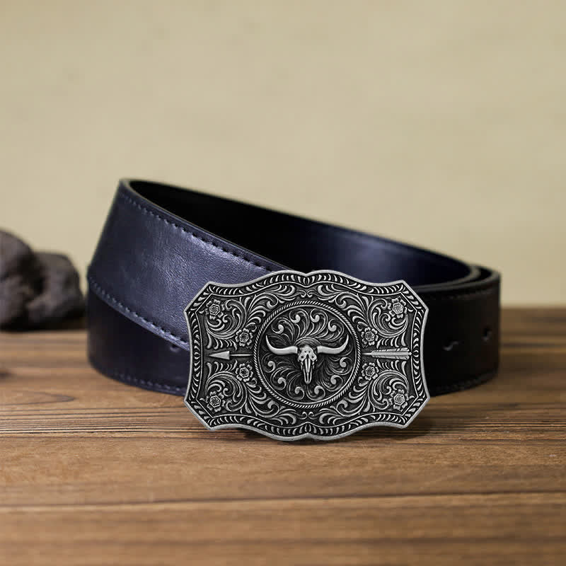 Cintura in pelle fai da te con fibbia a forma di freccia di toro a forma di corno lungo da uomo - Argento antico - Cintura PU nera (40) - image 6