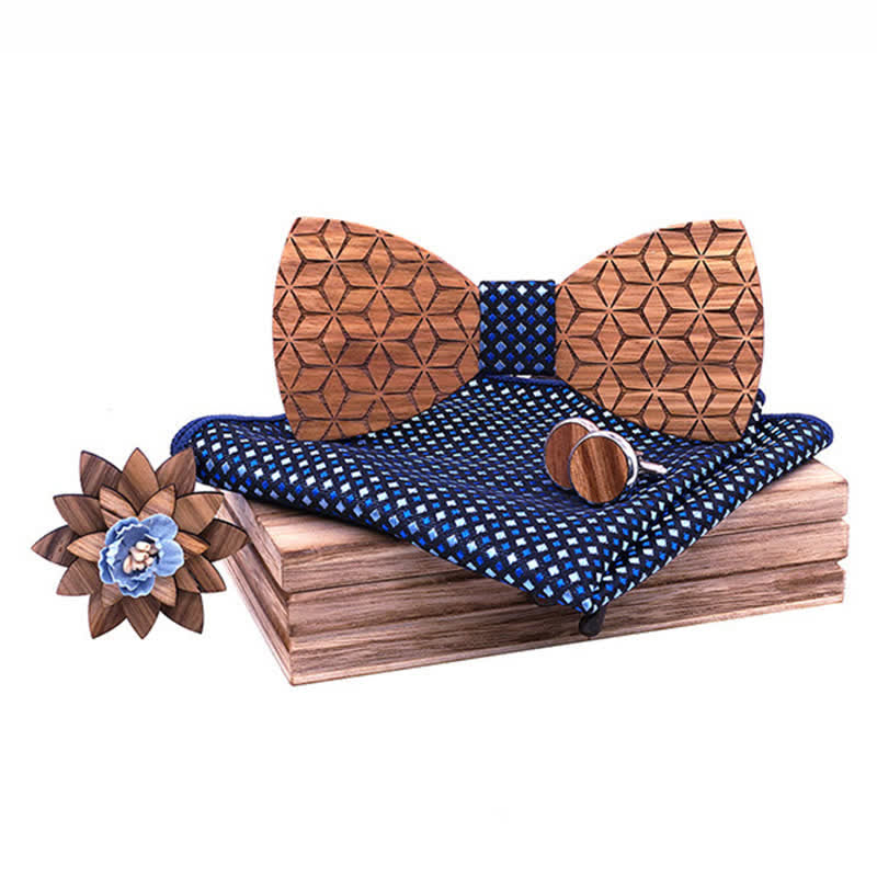 Set di 4 papillon in legno con intaglio geometrico da uomo - Scacchiera blu - image 5