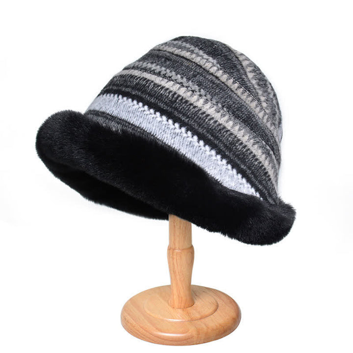 Cappello da pescatore a righe con tesa calda in peluche da donna - Nero - Misura M (22 1/2"-22 7/8") - image 6
