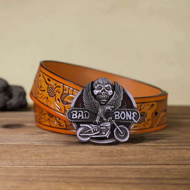Cintura in pelle con fibbia Bad To The Bone da motociclista con teschio d'aquila fai da te da uomo - Ritorno all'osso - Cintura intagliata arancione (40) - image 15