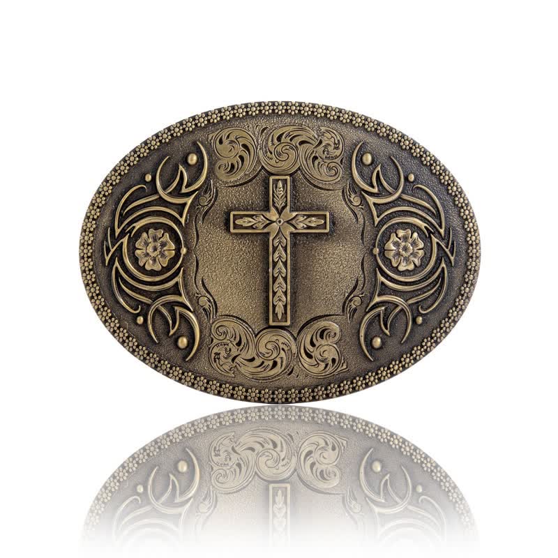 Cintura in pelle con fibbia floreale a croce fai da te da uomo - Bronzo antico - Senza cintura - image 3