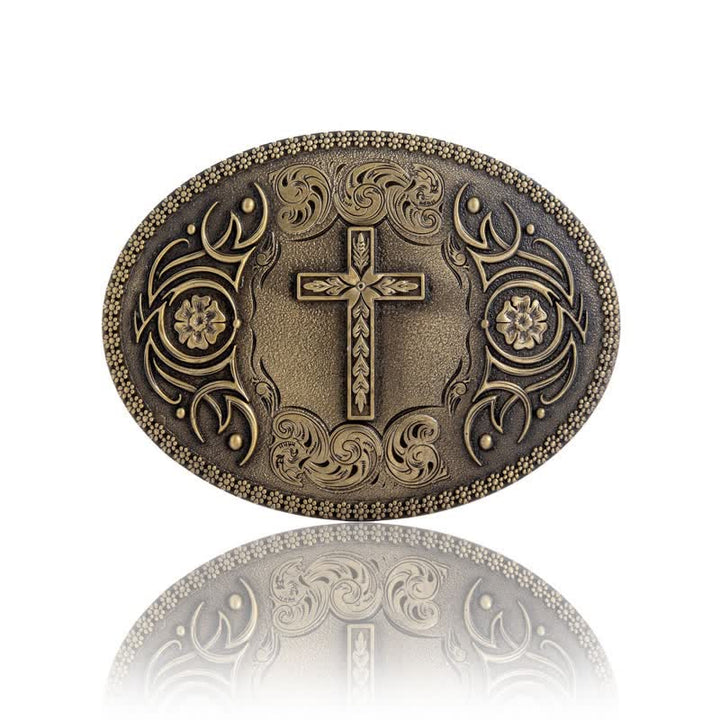 Cintura in pelle con fibbia floreale a croce fai da te da uomo - Bronzo antico - Senza cintura - image 3