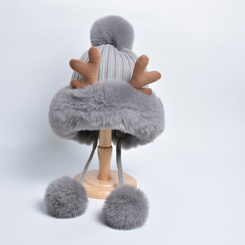 Cappello lavorato a maglia con pompon in corno di cervo da donna - Grigio - Regolabile (circa 21 5/8"-23 7/8") - image 1