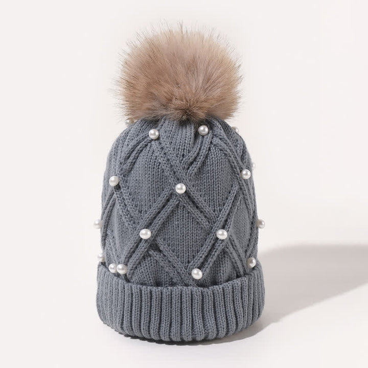 Cappello lavorato a maglia elasticizzato con pompon e perle carine da donna - image 5