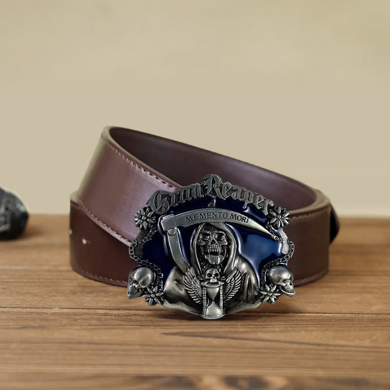 Cintura in pelle fai da te con fibbia a forma di teschio con falce della morte da uomo - Cranio - Cintura PU marrone (40) - image 7