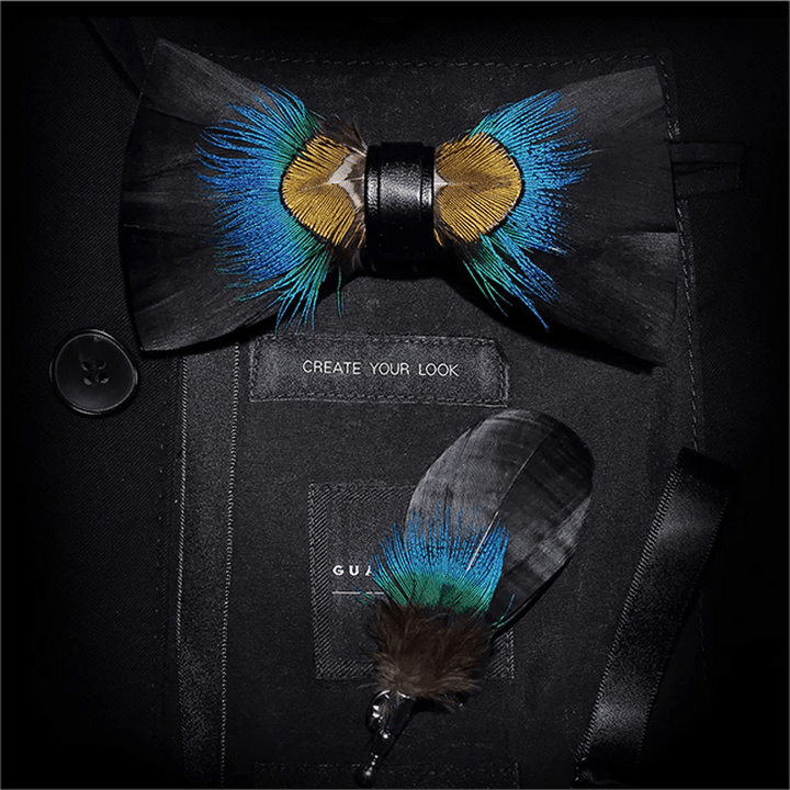 Papillon con piume di fagiano blu e nere con spilla da bavero - Blu e nero - image 0