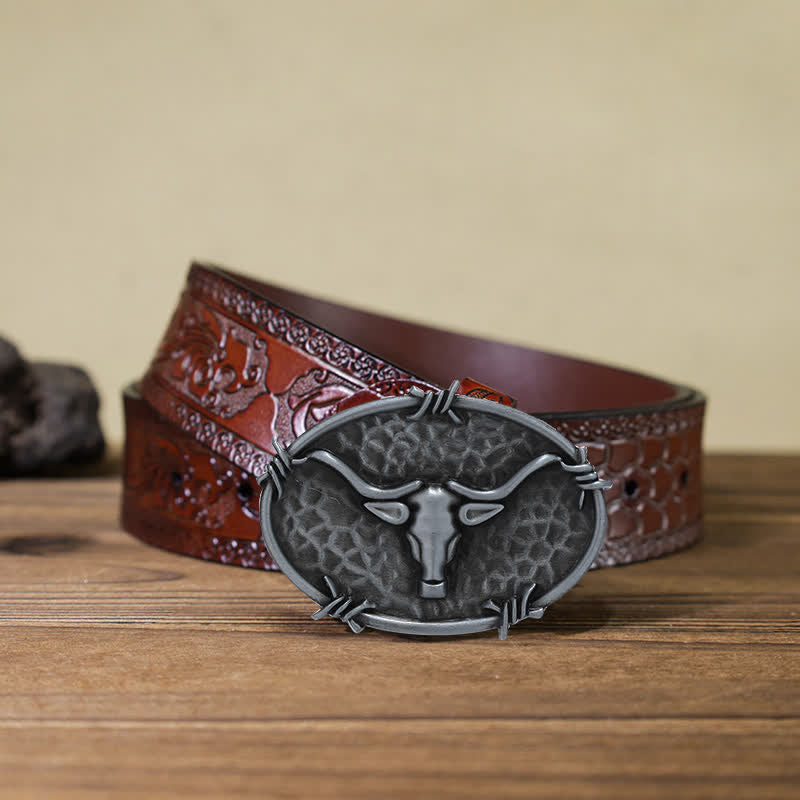 Cintura in pelle con fibbia martellata a forma di testa di toro da cowboy fai da te da uomo - Argento antico - Cintura marrone intagliata (40) - image 18