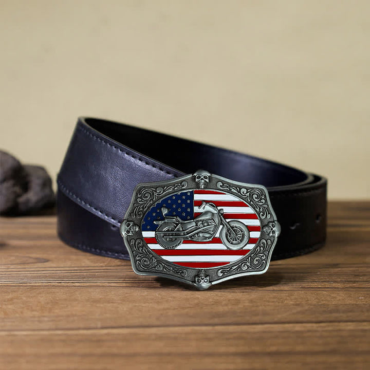 Cintura in pelle con fibbia a forma di teschio con bandiera USA, fai da te, da uomo - Motociclo - Cintura PU nera (40) - image 3