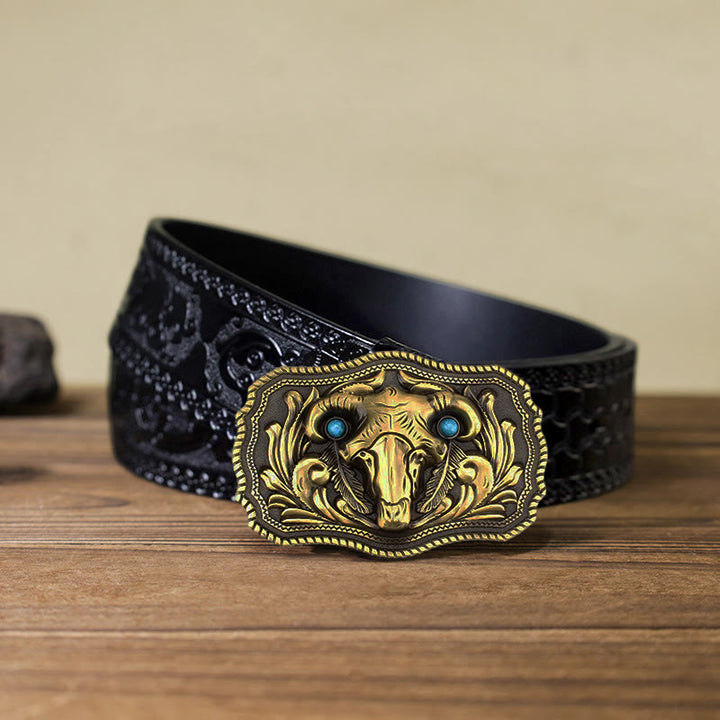Cintura in pelle con fibbia turchese con teschio di capra fai da te da uomo - Oro - Cintura nera intagliata (40) - image 11