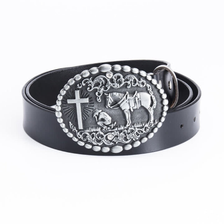 Cintura da preghiera inginocchiata in pelle con croce di cavallo da uomo - Maglietta in pelle - Nero - 46 - image 2