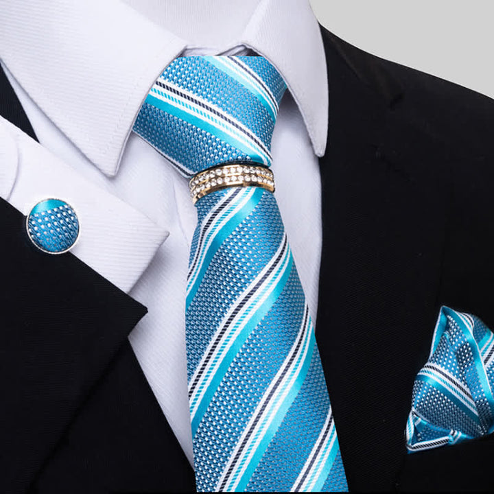 Set di 4 cravatte a righe da uomo con anello per cravatta - Turchese - image 9