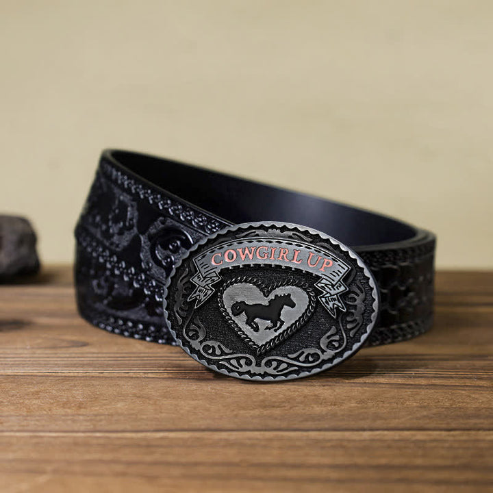 Cintura in pelle con fibbia Cowgirl Up in argento fai da te da donna - Cowgirl in posizione supina - Cintura nera intagliata (40) - image 9