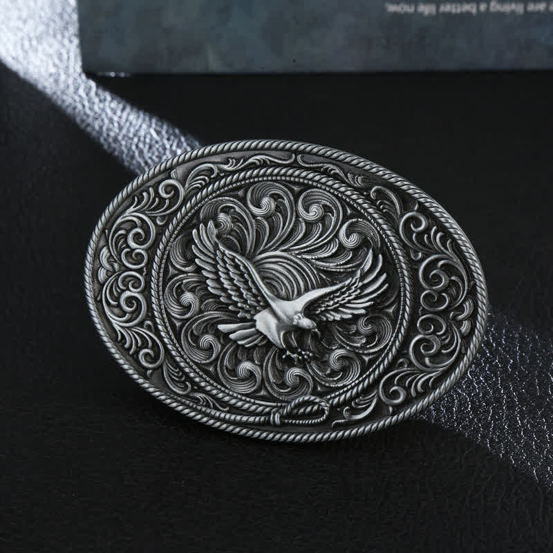 Cintura in pelle con fibbia floreale incisa con aquila volante fai da te da uomo - Argento antico - Senza cintura - image 0