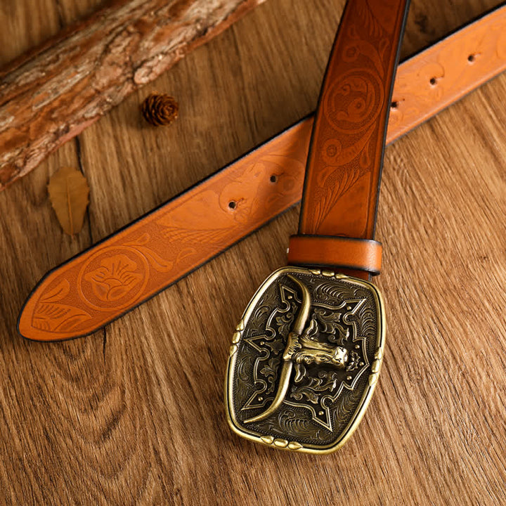 Cintura da uomo in pelle stampata con testa di mucca in stile western - image 4
