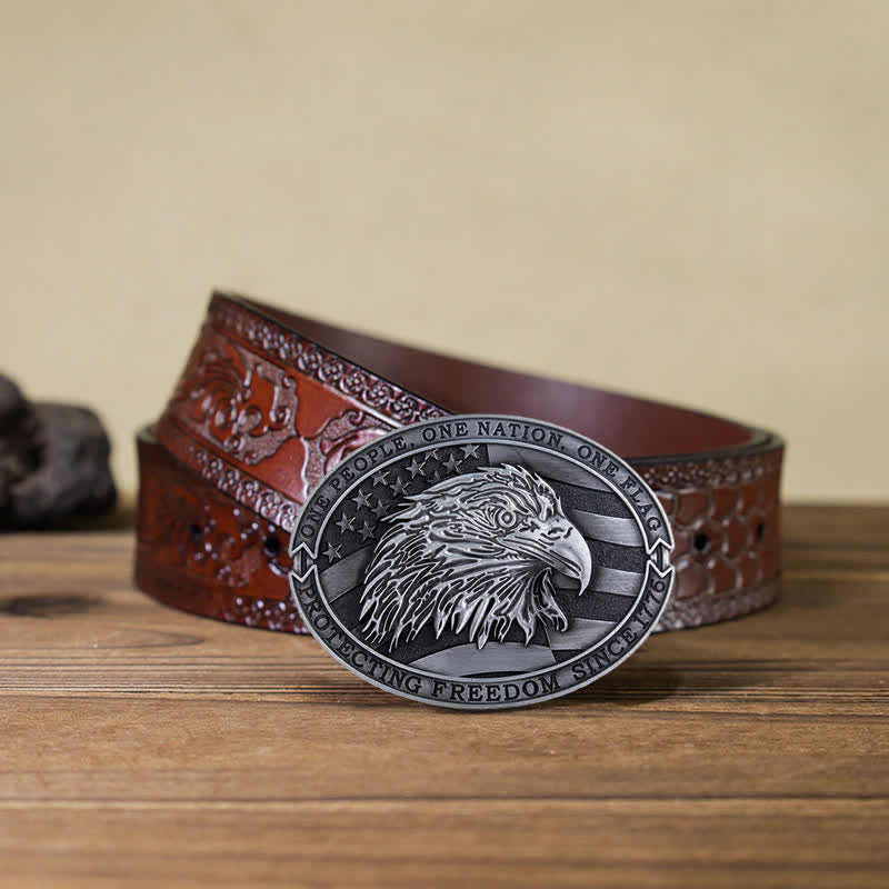 Cintura in pelle con fibbia della bandiera USA con aquila calva patriottica fai da te da uomo - Argento antico - Cintura marrone intagliata (40) - image 18