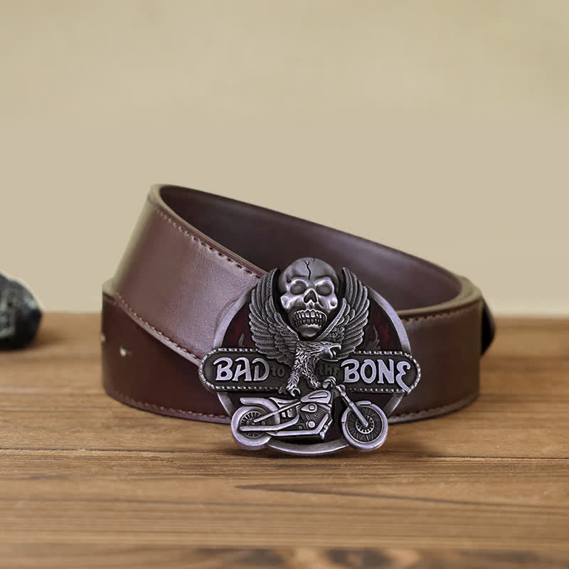 Cintura in pelle con fibbia Bad To The Bone da motociclista con teschio d'aquila fai da te da uomo - Ritorno all'osso - Cintura PU marrone (40) - image 7