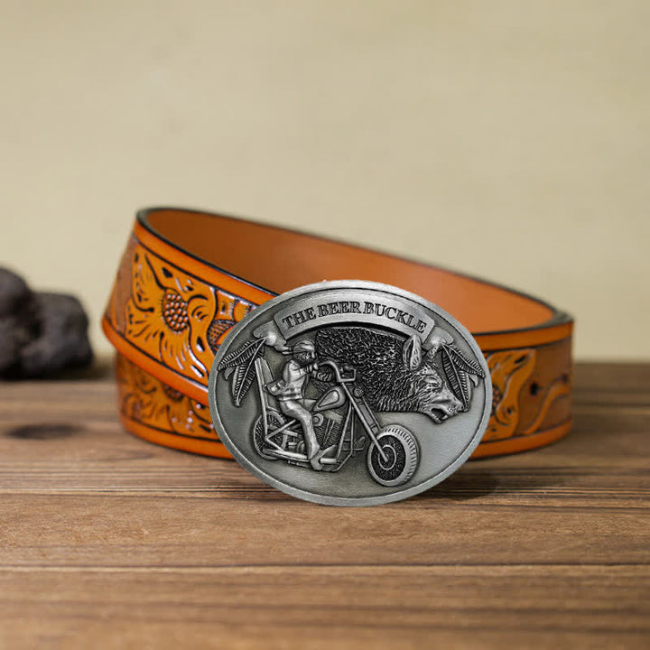 Cintura in pelle con fibbia porta birra creativo fai da te per motocicletta da uomo - Argento - Cintura intagliata arancione (40) - image 32