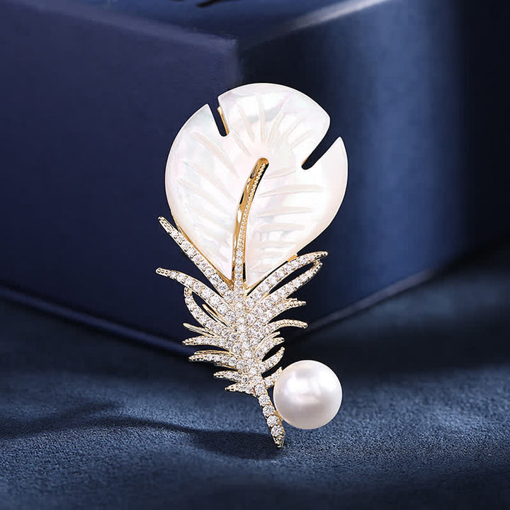 Spilla con piuma e conchiglia di perle da donna - Oro - image 0