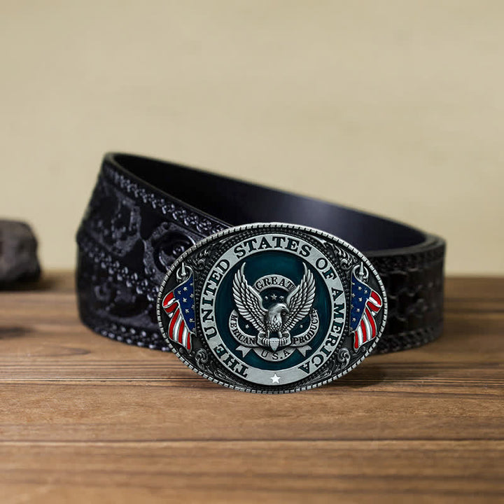 Cintura in pelle con fibbia a forma di bandiera patriottica con aquila fai da te da uomo - Aquila - Cintura nera intagliata (40) - image 9