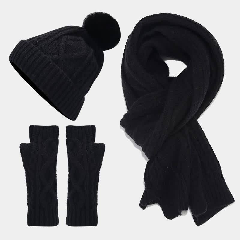 Set di 3 guanti senza dita con sciarpa e cappello lavorati a maglia da donna - Nero - Regolabile (22"-22 7/8") - image 13