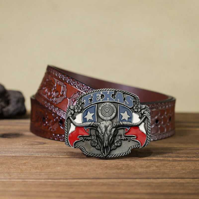 Cintura in pelle fai da te con fibbia a forma di toro Longhorn con bandiera del Texas da uomo - Toro - Cintura marrone intagliata (40) - image 10