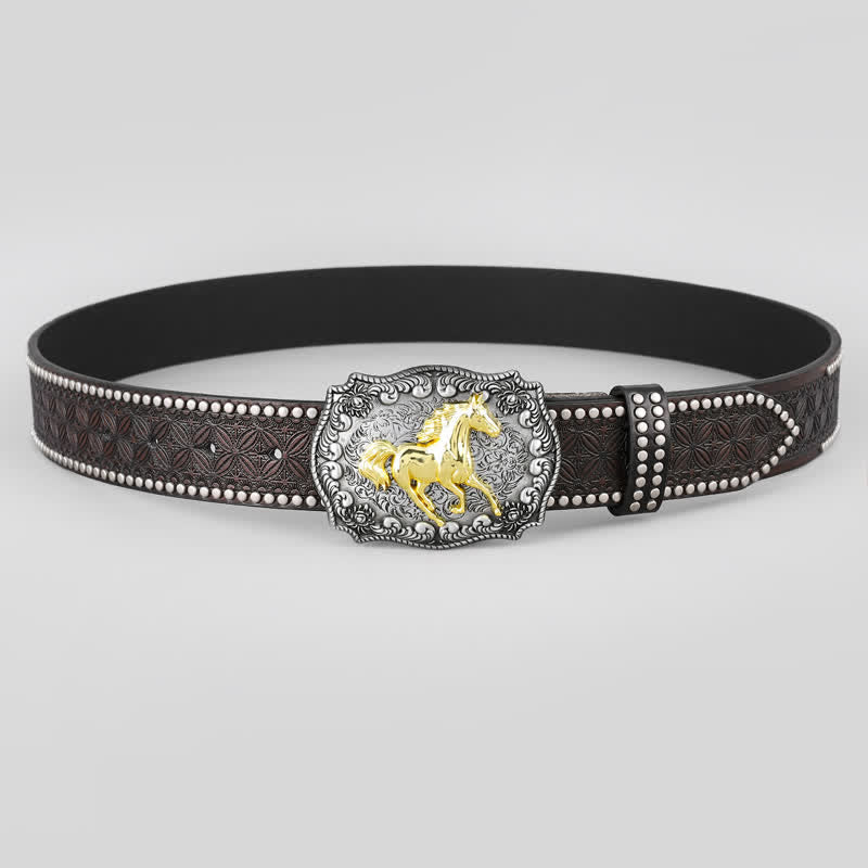 Cintura da uomo in pelle con decorazione a forma di cavallo dorato - image 1
