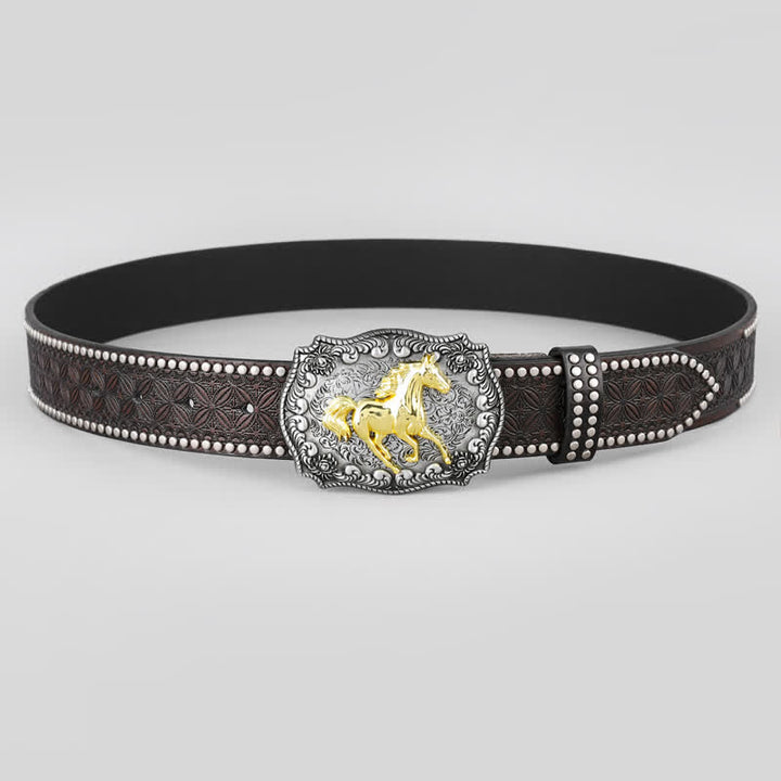 Cintura da uomo in pelle con decorazione a forma di cavallo dorato - image 1