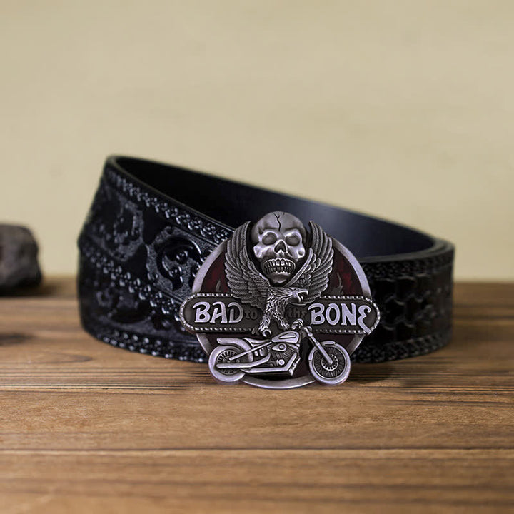 Cintura in pelle con fibbia Bad To The Bone da motociclista con teschio d'aquila fai da te da uomo - Ritorno all'osso - Cintura nera intagliata (40) - image 9