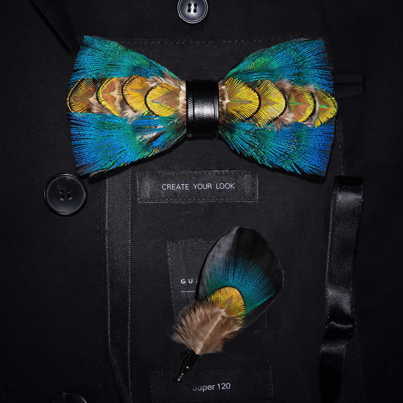 Papillon con piume blu e verde-giallo con spilla da bavero - Adulto - image 0