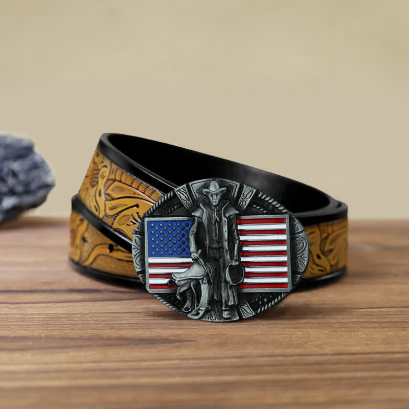 Cintura in pelle con fibbia da cowboy con bandiera americana fai da te da uomo - Cowboy - Cintura marrone sabbia (40) - image 16
