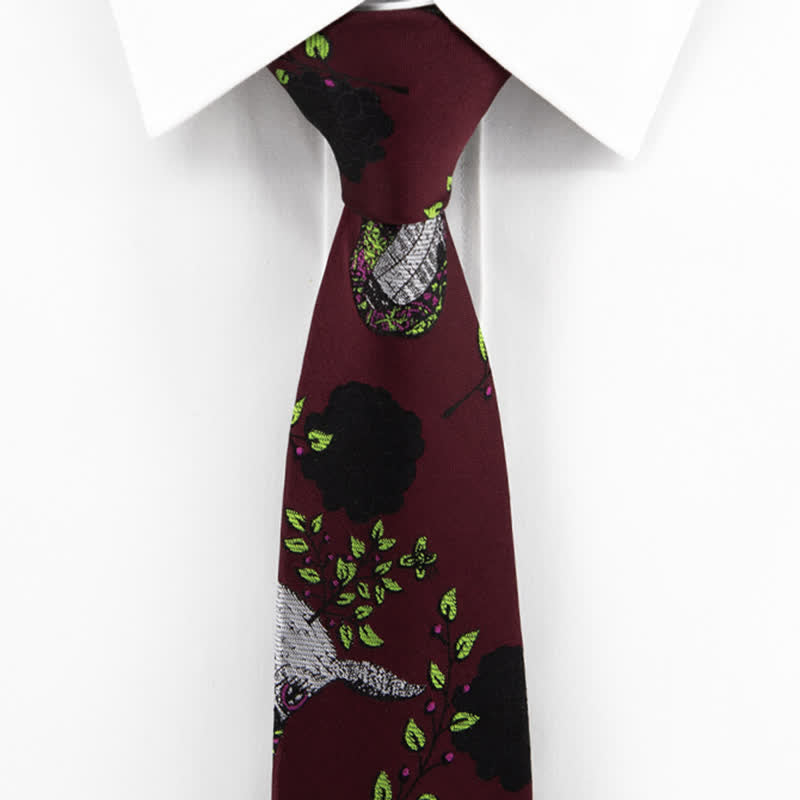 Cravatta da uomo bordeaux, nera, con rosa e cervo - image 1