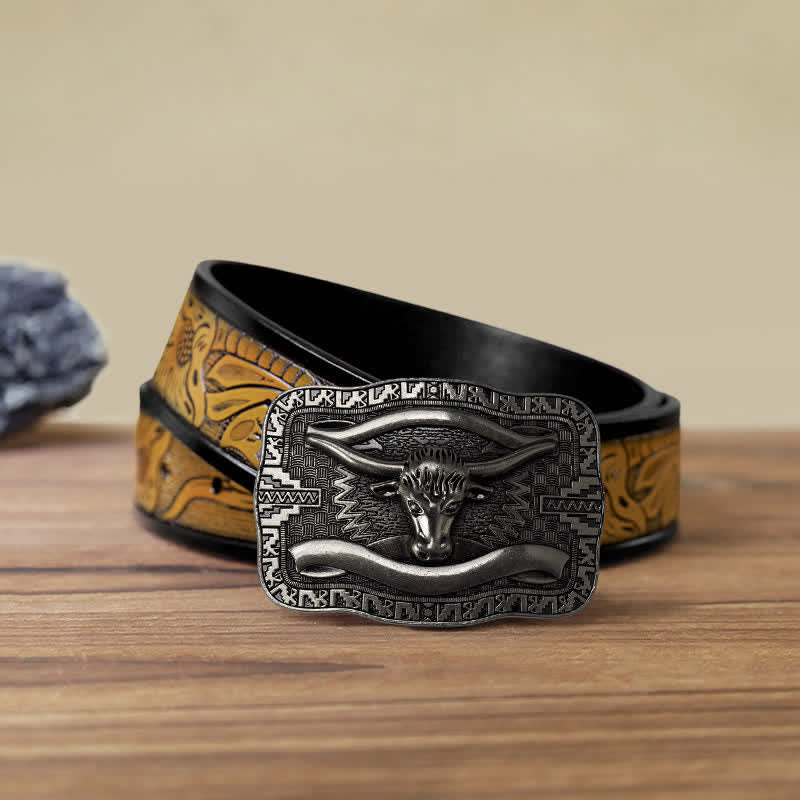 Cintura in pelle fai da te da uomo con fibbia a forma di toro Longhorn quadrato in argento - Testa di toro - Cintura marrone sabbia (40) - image 14
