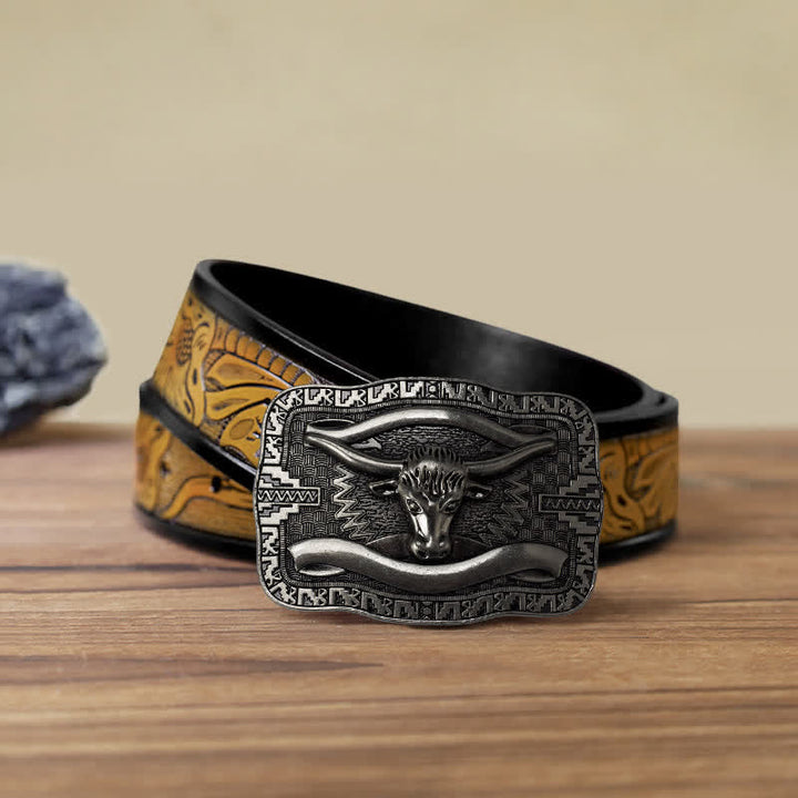 Cintura in pelle fai da te da uomo con fibbia a forma di toro Longhorn quadrato in argento - Testa di toro - Cintura marrone sabbia (40) - image 14