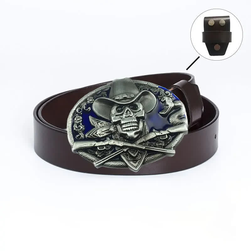 Cintura in pelle da uomo con teschio pirata e pistole incrociate - Maglietta in pelle - Smalto marrone/blu - 46 - image 18