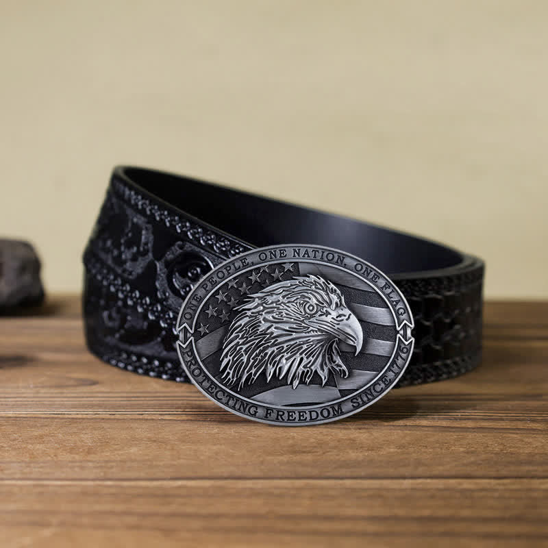 Cintura in pelle con fibbia della bandiera USA con aquila calva patriottica fai da te da uomo - Argento antico - Cintura nera intagliata (40) - image 15
