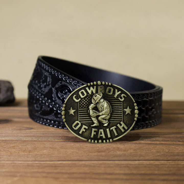 Cintura in pelle con fibbia "Cowboys Of Faith" fai da te da uomo - Oro antico - Cintura nera intagliata (40) - image 13