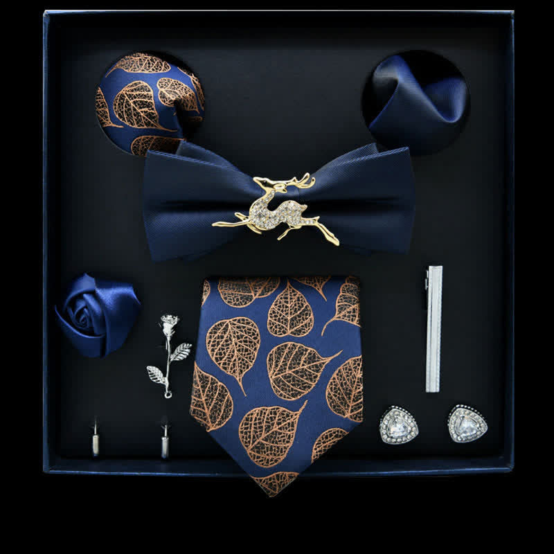 8 pezzi blu navy e marrone floreale casual cravatta papillon scatola regalo - Blu marino e marrone - image 0