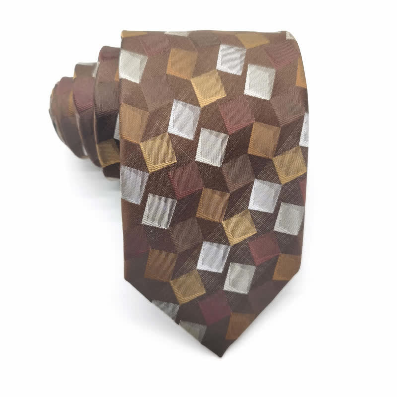 Cravatta da uomo in pura seta con motivo geometrico quadrato colorato - Marrone - image 7