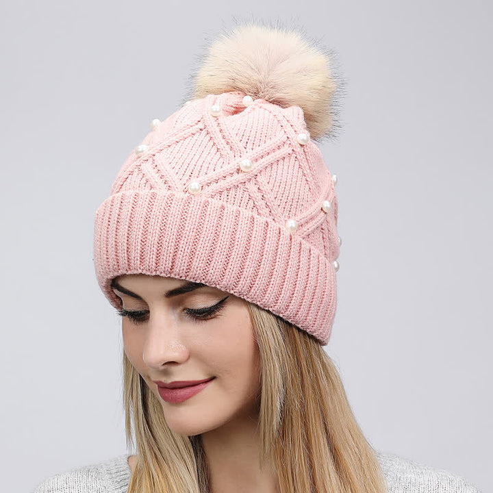Cappello lavorato a maglia elasticizzato con pompon e perle carine da donna - Rosa - Regolabile (21 5/8"-23 5/8") - image 2