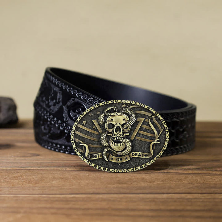 Cintura in pelle fai da te da uomo con fibbia a forma di teschio di serpente "Liberty or Death" - Bronzo antico - Cintura nera intagliata (40) - image 16